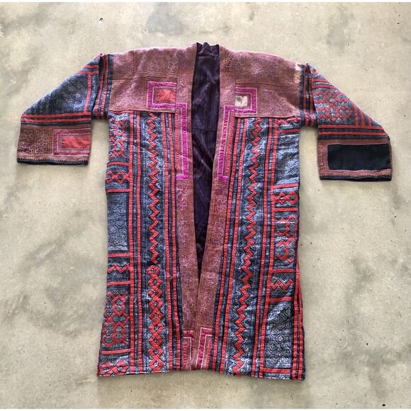Vintage Embroidered Ethnic Duster Coat Sz L Reversible Meiko Style - Picture 1 of 11